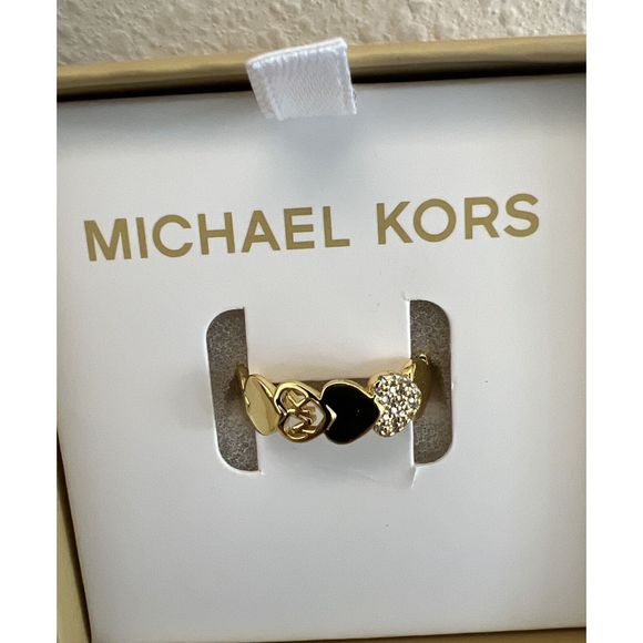 Michael Kors Gold Filled Heart, Crystal & Logo Ring Size 8 New In Box - Picture 4 of 10
